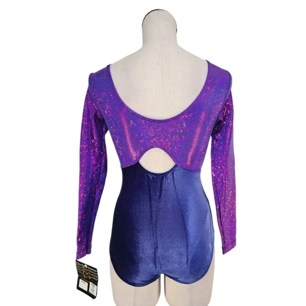 GK Elite VTG Mystique Purple Holographic LS Keyhole Leotard Blue Velvet Size AM
